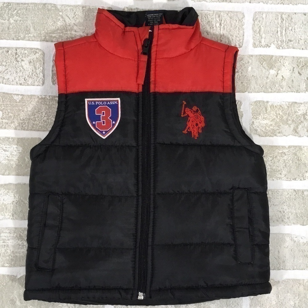 US Polo Assn Toddler Boys Black Red Colorblock Quilted Puffer Vest Jacket 3T